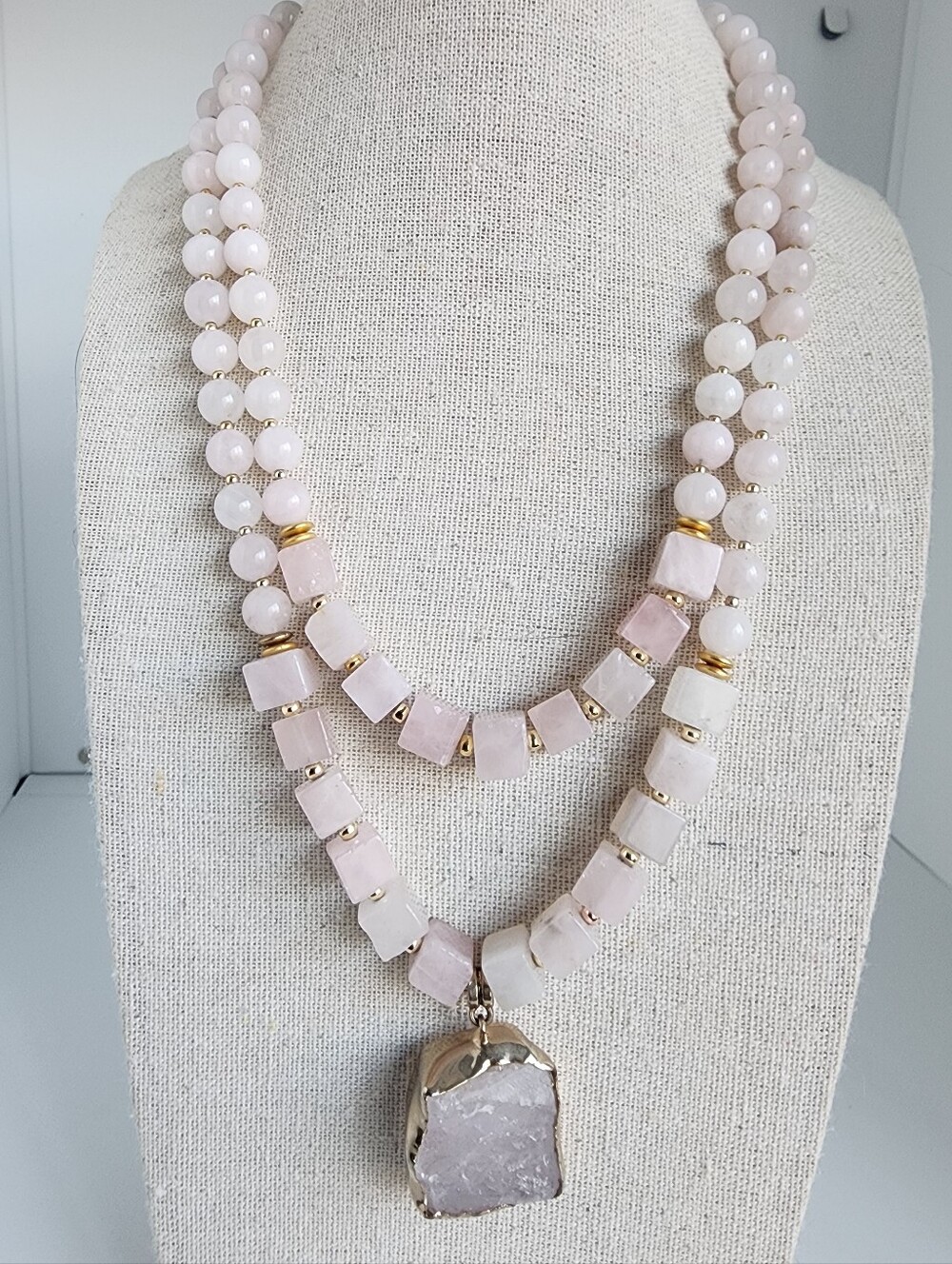 Rose Quartz Statement Necklace Double Strand Raw Stone Pendant 18"